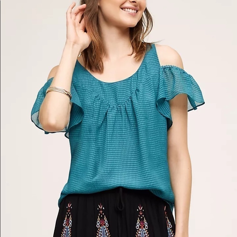 Anthropologie Maeve Tavin Open Cold Shoulder Blouse Turquoise Size 0 Ruffles